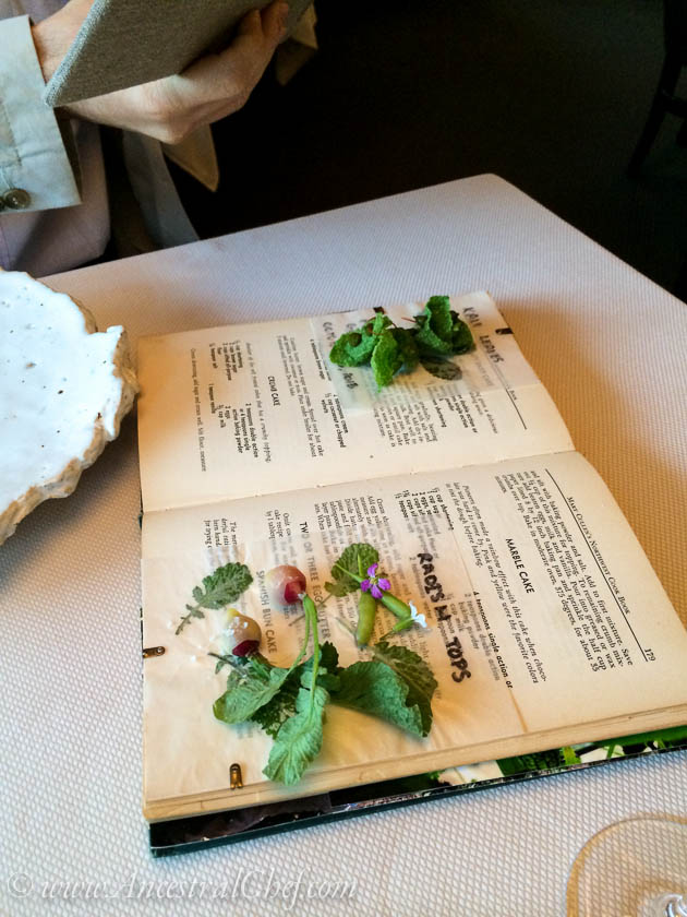 radish tops dip frozen in liquid nitrogen and kale chips served on cookbook - meadowood paleo restaurant napa