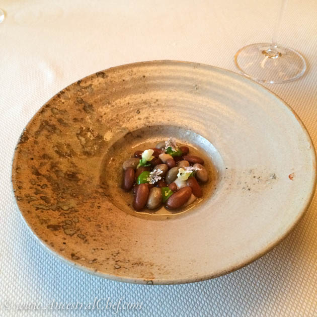 rancho gordo beans with avocado puree and cilantro flowers in broth meadowood restaurant review