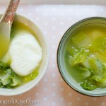 spring soup with poached egg