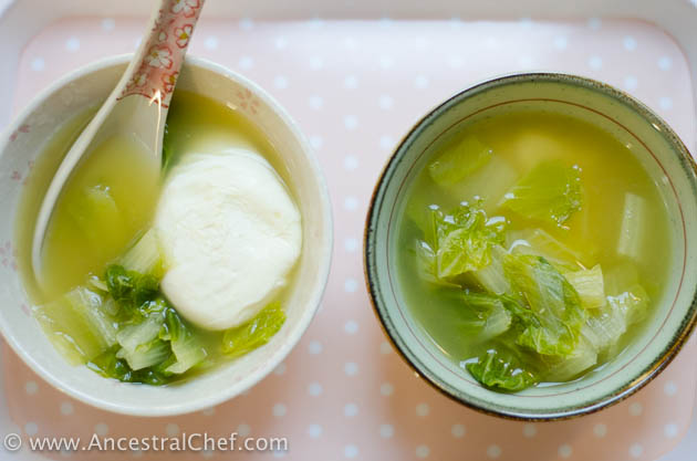 spring soup with poached egg