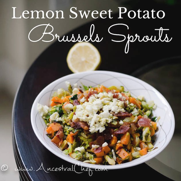 Paleo Brussels Sprouts Recipe with Lemon, Bacon, and Sweet Potatoes Recipe