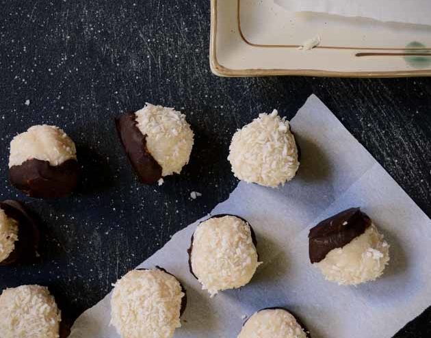 Coconut Butter Balls dipped in dark chocolate
