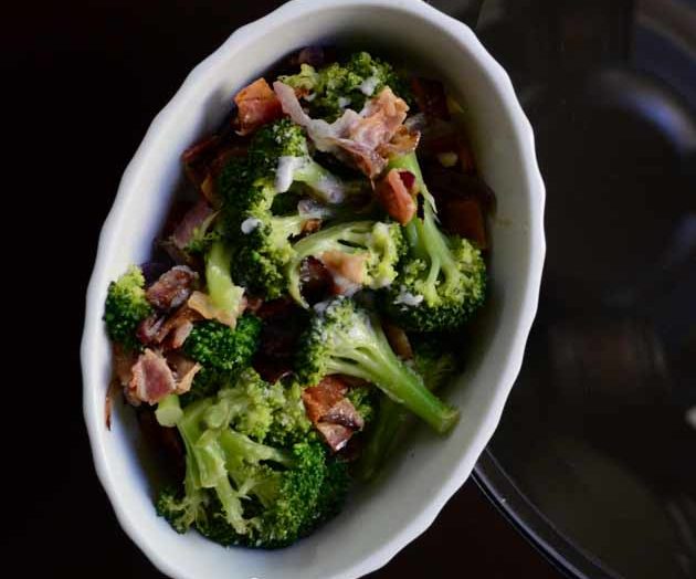 Broccoli Bacon Salad with onions and coconut cream