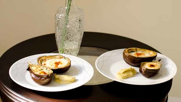 Baked Eggplant Eggs with Puree of Eggplant, Clementine and Basil