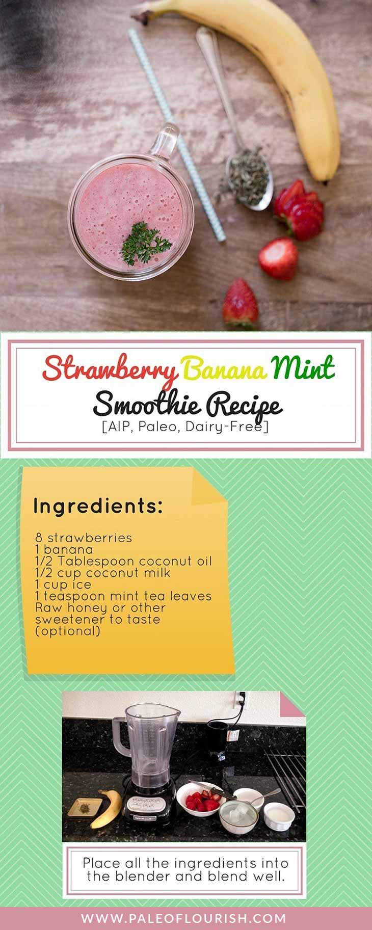 Strawberry Banana Mint Smoothie Recipe [AIP, Paleo, Dairy-Free] #paleo #recipes #gluten-free https://paleoflourish.com/strawberry-banana-smoothie-recipe-aip-paleo