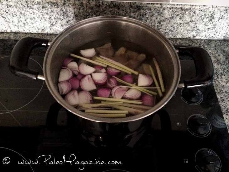 Pour approx. 8 cups of new water into the pot with the ribs, and add in the shallots, lemongrass, galangal, and salt.