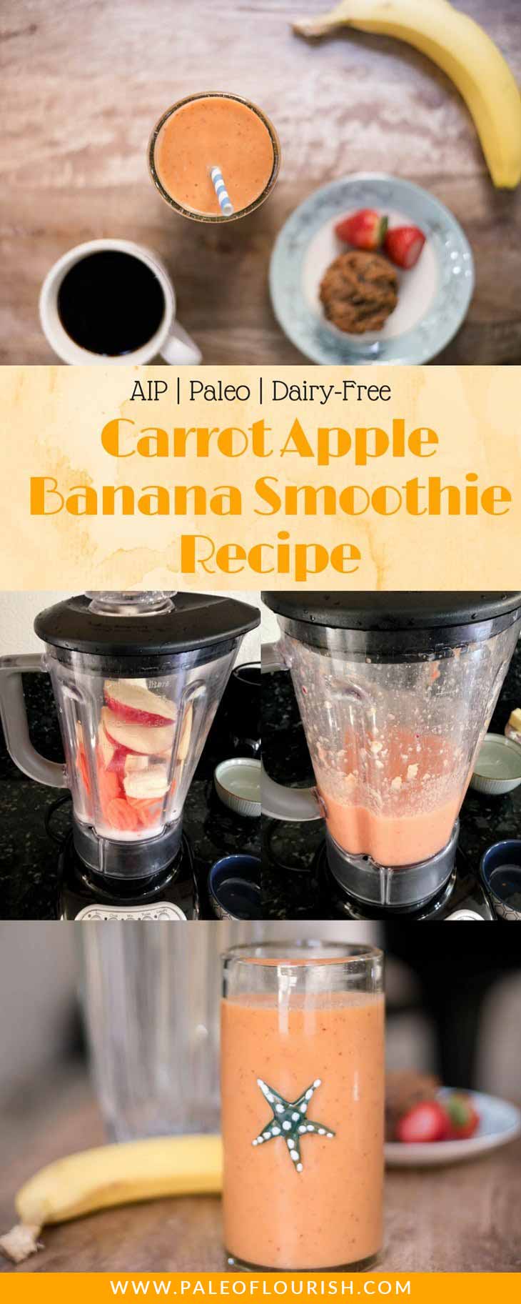Carrot Apple Banana Smoothie Recipe [AIP, Paleo, Dairy-Free] #paleo #recipes #gluten-free URL https://paleoflourish.com/carrot-apple-banana-smoothie-recipe-aip-paleo