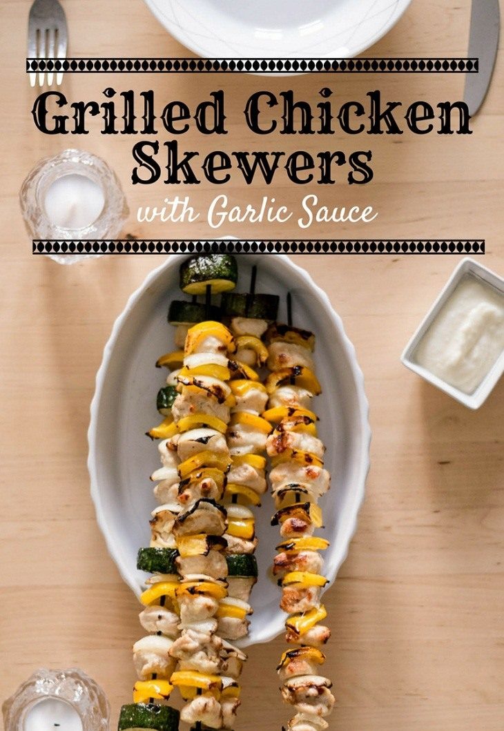 Grilled Chicken Skewers with Garlic Sauce #paleo #recipes #glutenfree https://paleoflourish.com/grilled-chicken-skewers-with-garlic-sauce