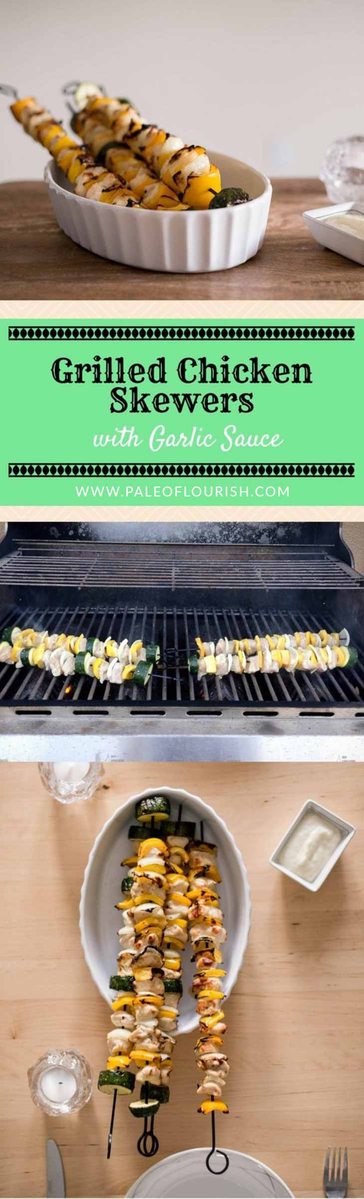 Grilled Chicken Skewers with Garlic Sauce #paleo #recipes #glutenfree https://paleoflourish.com/grilled-chicken-skewers-with-garlic-sauce