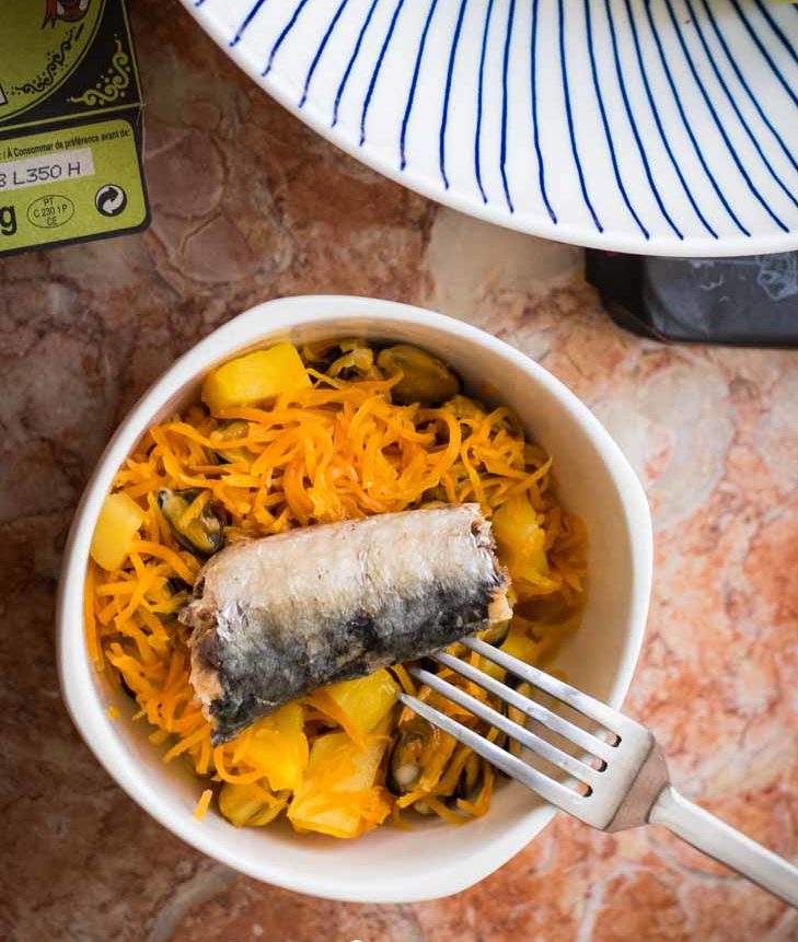 Paleo Carrot Mango Mussels Hash Topped With Sardines Recipe [Paleo, AIP] #paleo #autoimmune #aip #recipe https://paleoflourish.com/carrot-mango-mussels-hash-recipe-paleo-aip
