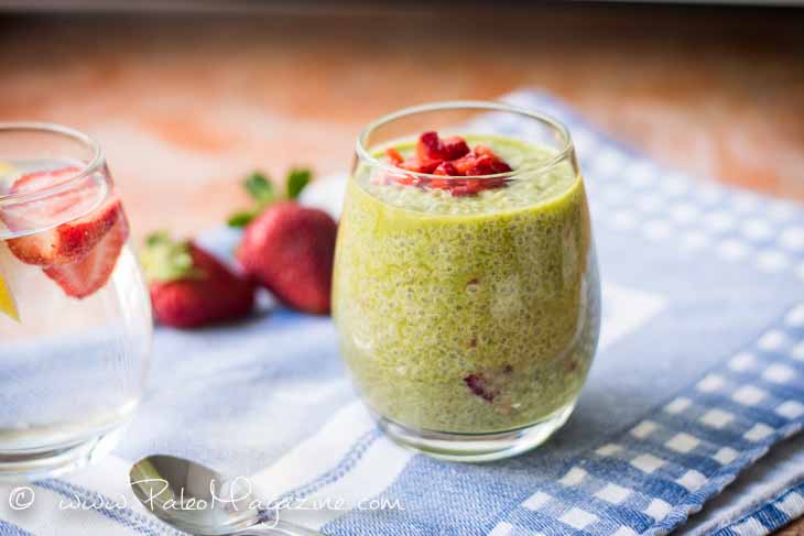 Strawberry Matcha Chia Pudding Recipe #paleo #keto https://paleoflourish.com/strawberry-matcha-chia-pudding-recipe-paleo-keto-vegan