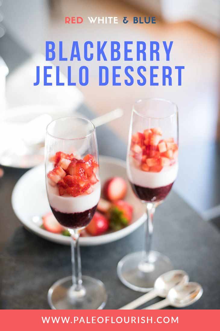 Red White and Blue July 4th Paleo Dessert Recipe #paleo #fourthofjuly #recipe https://paleoflourish.com/blackberry-jello-paleo-dessert-recipe-july-4th