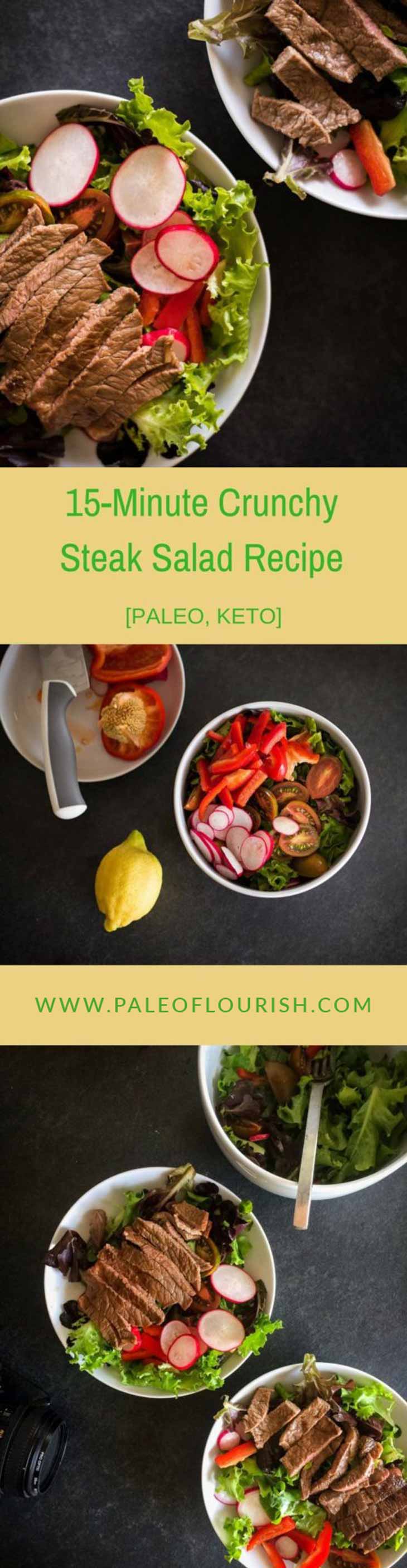 15-Minute Crunchy Steak Salad Recipe #paleo #keto #recipe https://paleoflourish.com/fast-keto-steak-salad-recipe