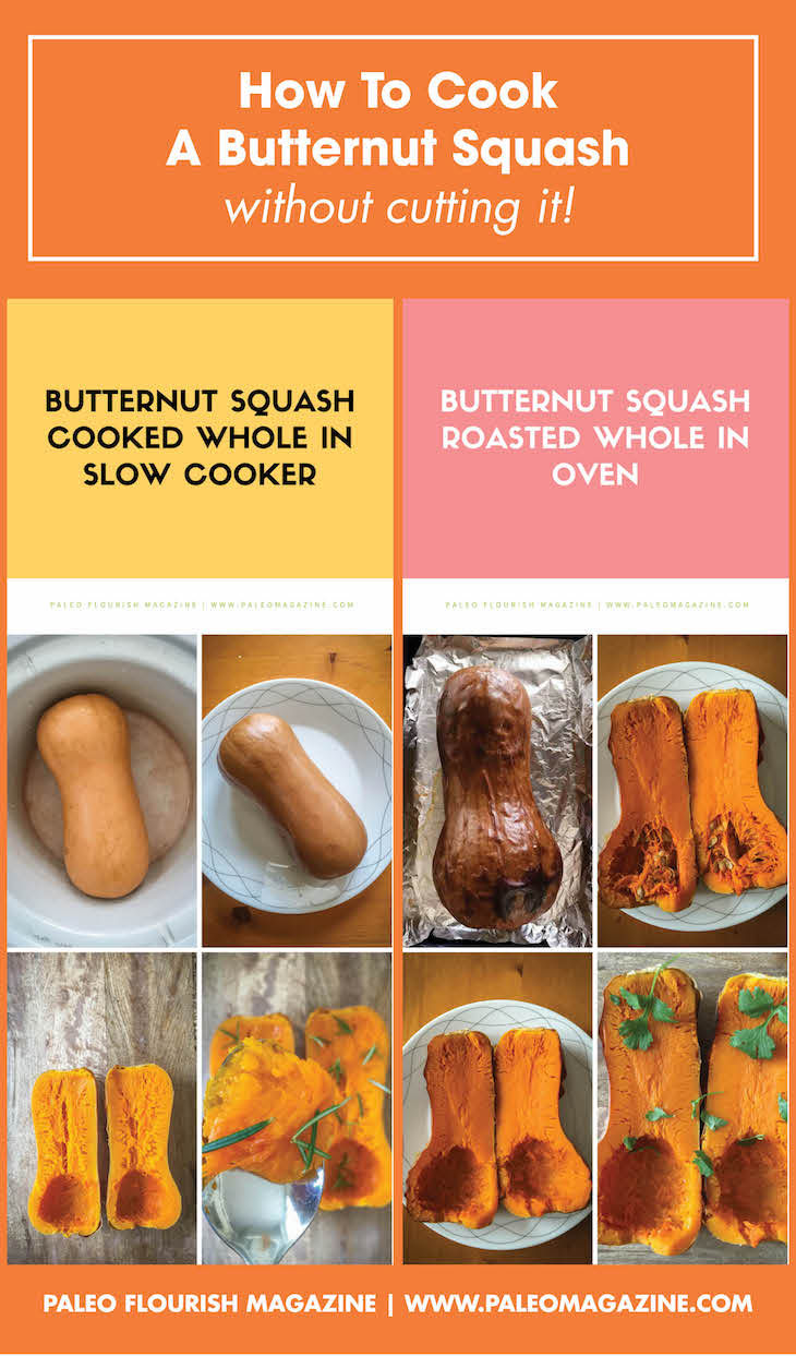 cook butternut squash whole without cutting it in oven or in slow cooker or crockpot #butternutsquash #crockpot https://paleoflourish.com/how-to-cook-a-butternut-squash-without-cutting-it