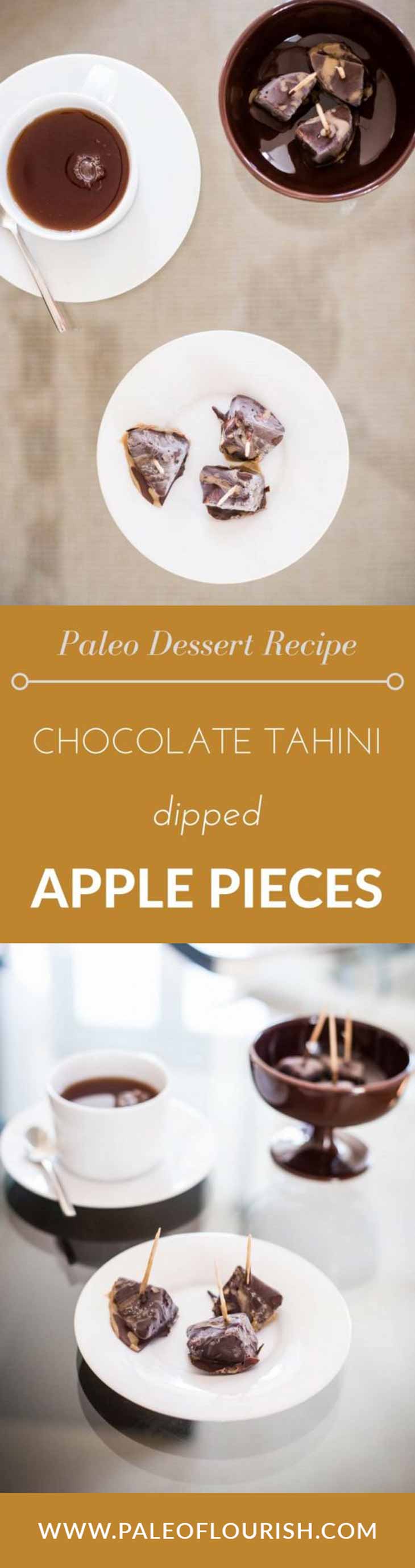 Paleo Chocolate Tahini Dipped Apple Pieces #paleo #dessert #recipes -  https://paleoflourish.com/paleo-chocolate-tahini-dipped-apple-pieces