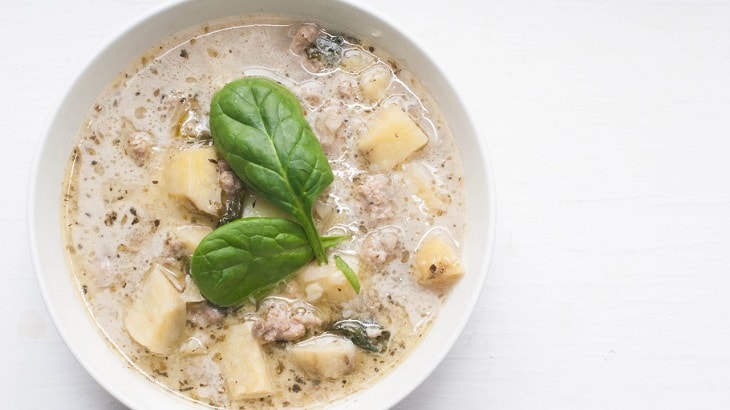 Sausage, “Potato” and Spinach Soup