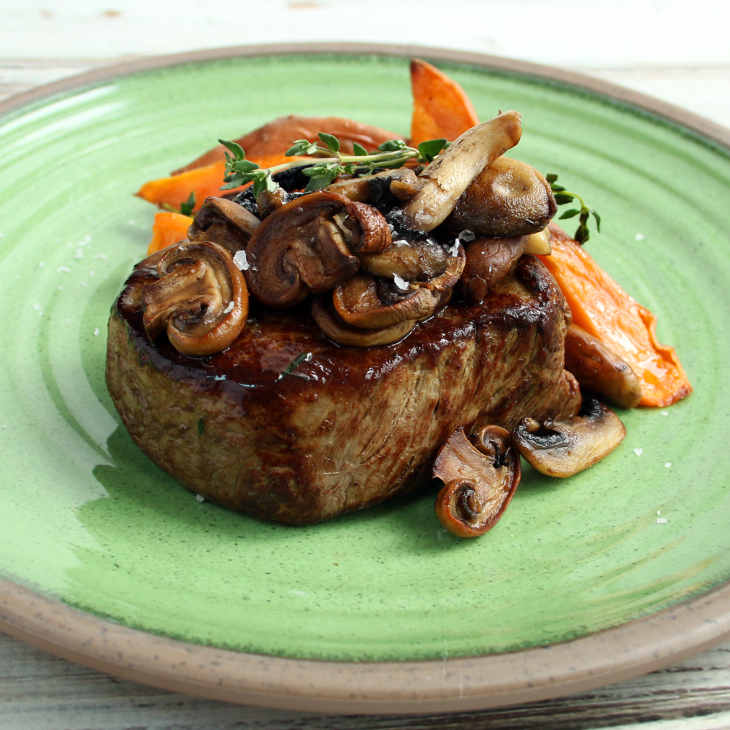 Steak With Mushrooms, Thyme, And Sweet Potatoes