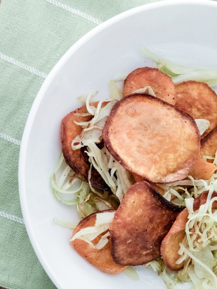 Crispy Sweet Potato Chips and Sauteed Cabbage