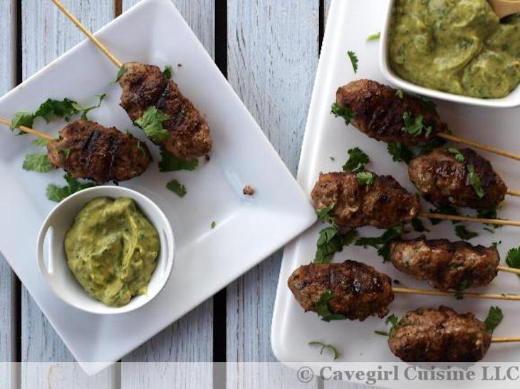 Curried Venison and Pork Kebabs with Avocado Dipping Sauce 