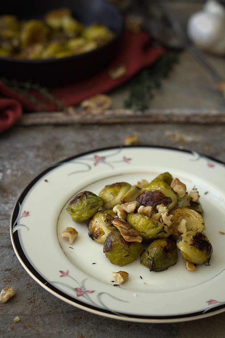 Bacon Fat Roasted Brussels Sprouts with Crispy Garlic and Thyme