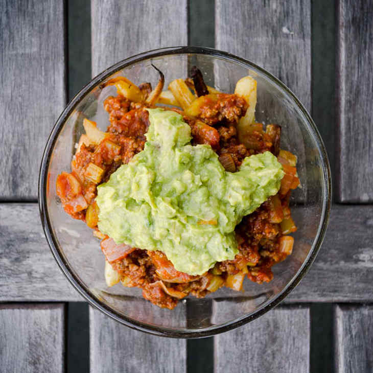 Paleo Chili and Guacamole Topped Parsnip Fries