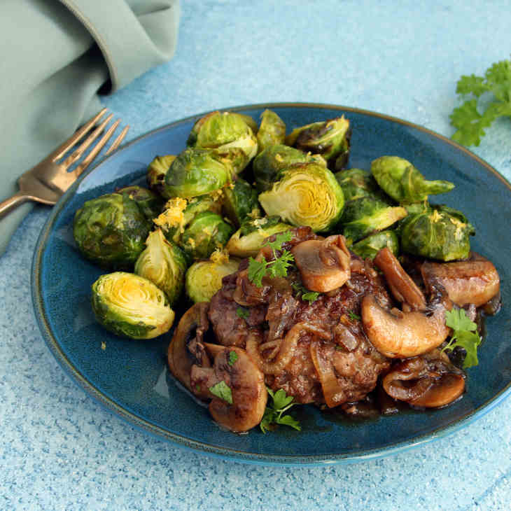 Paleo Salisbury Steak and Brussels Sprouts Recipe #paleo https://paleoflourish.com/paleo-salisbury-steak-brussels-sprouts-recipe